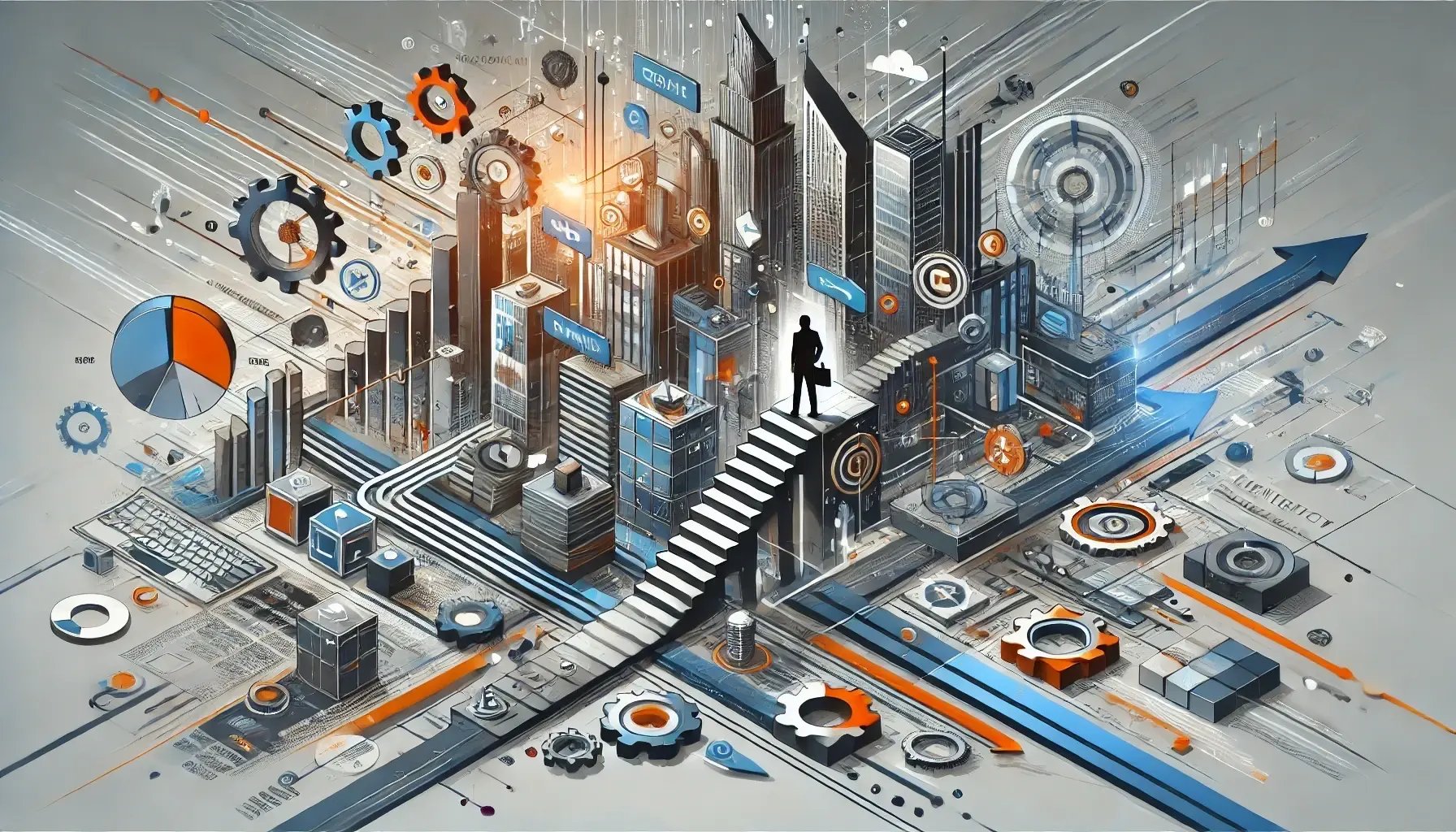 DALL·E 2025-01-22 11.40.12 - An abstract and modern illustration representing the challenges faced by businesses in a rapidly changing world. The image shows a dynamic business en