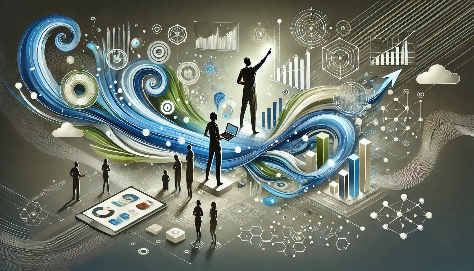 DALL·E 2025-02-08 15.15.04 - A modern and stylized illustration representing training and support in digital tools. The scene features an abstract and artistic depiction of a ment